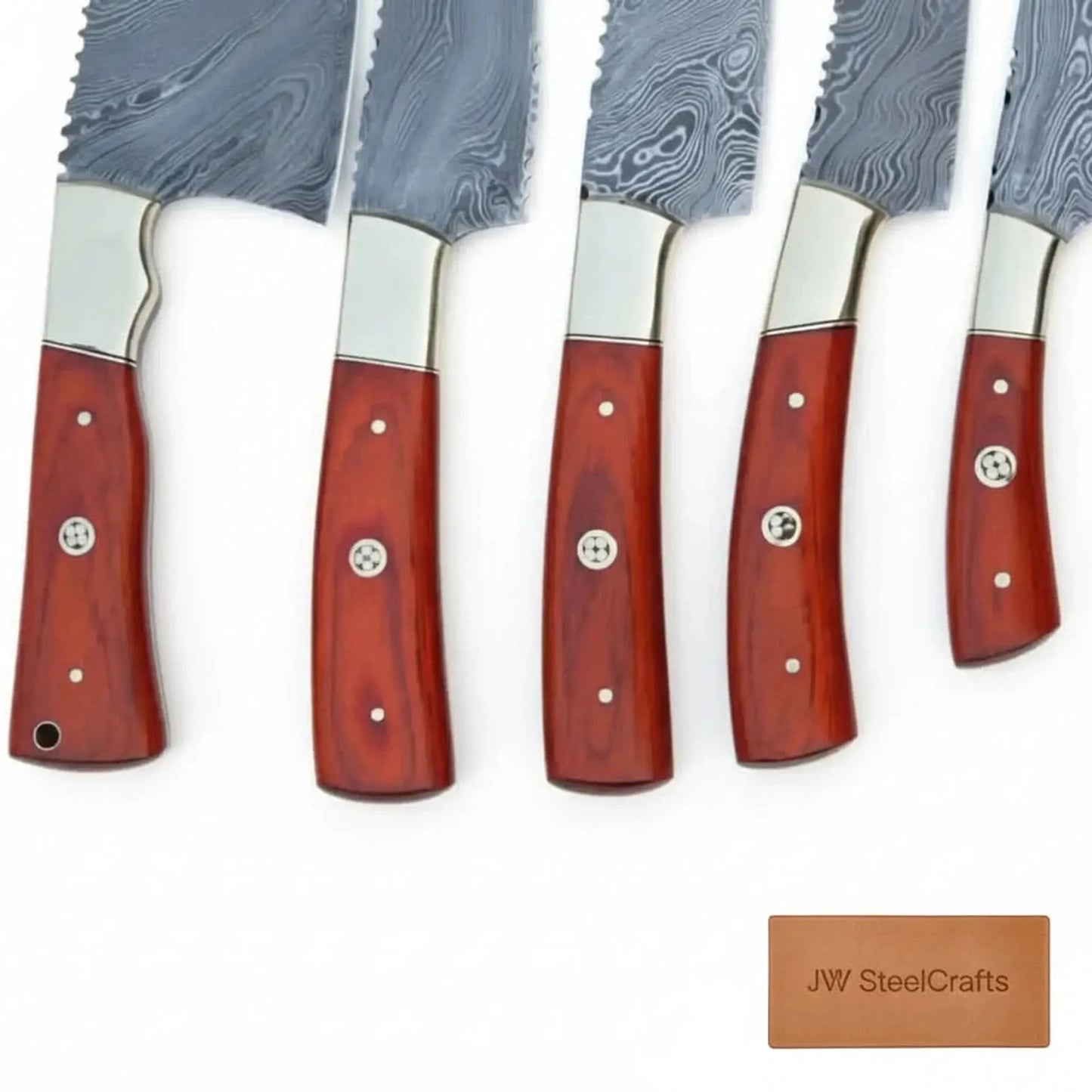 5-Piece Damascus Kitchen Knife Set — Butcher, Bread, Chef, Utility & Paring with Reddish Hardwood Handles