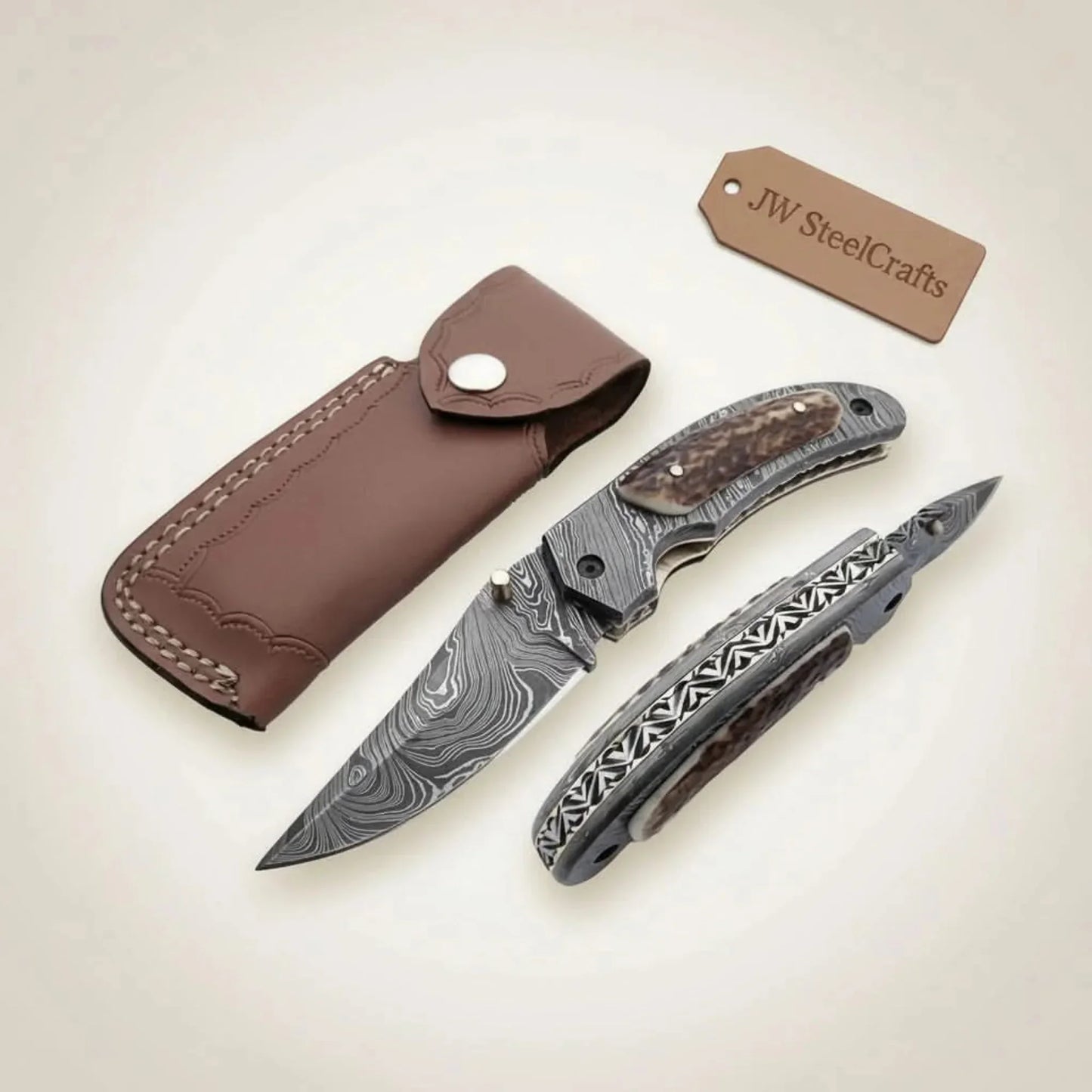 Handmade Damascus Folding Pocket Knife with Floral Engraved Handle – Compact EDC Knife by JW SteelCrafts