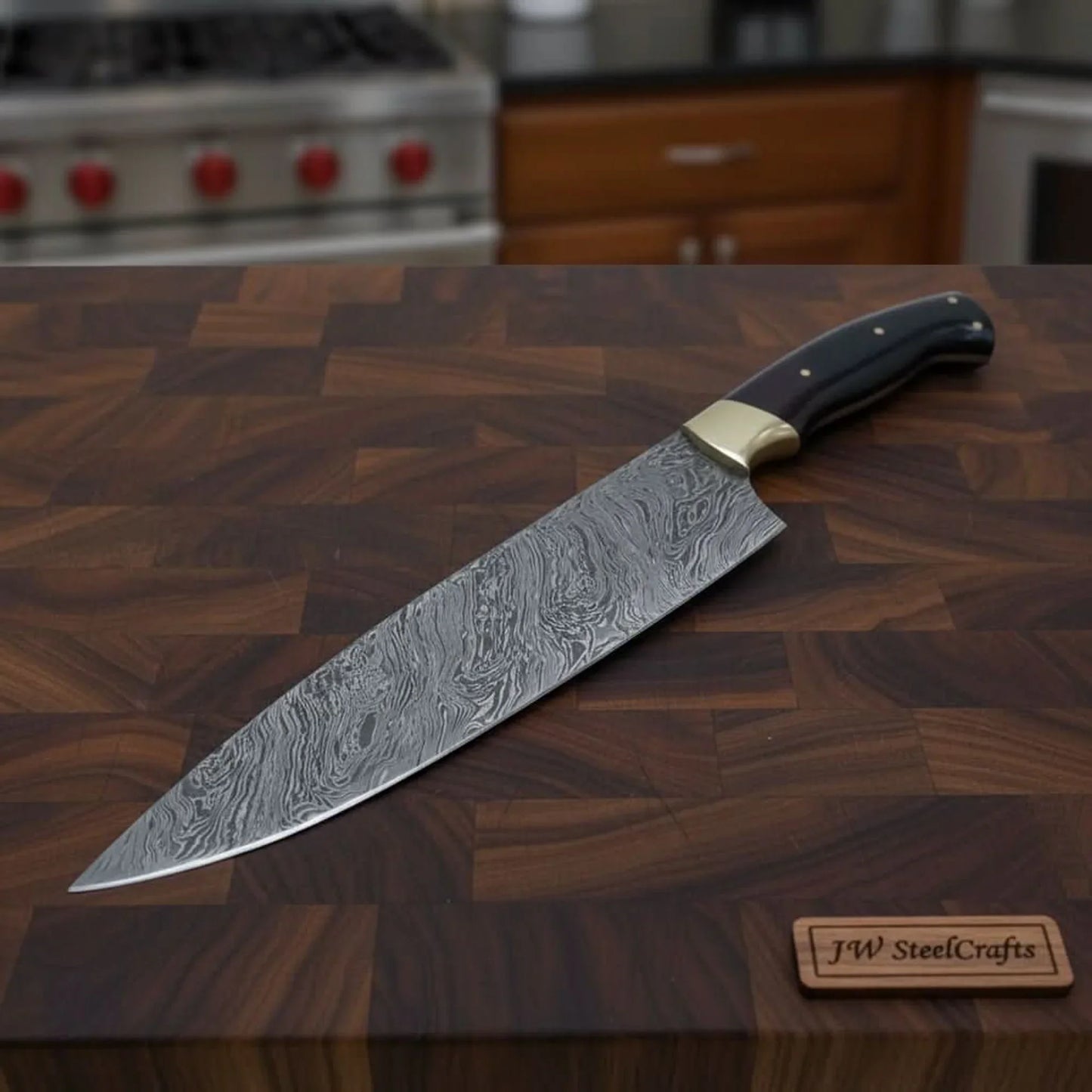 Handmade Damascus Chef Knife, Full Tang Kitchen Knife with Brass Bolster and Black Handle, Forged Damascus Steel Professional Cooking Knife, Premium Culinary Knife Gift