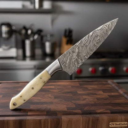 Custom Handmade Damascus Bunka Knife with Bone Handle and Steel Bolster, Hand Forged Japanese knives