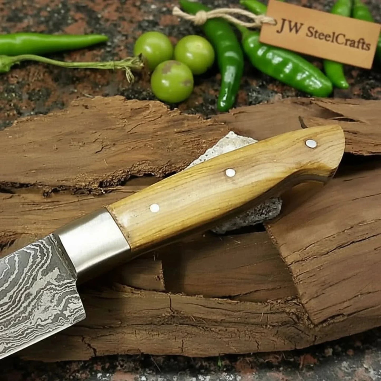 Custom Handmade Damascus Santoku Knife, Olive Wood Handle Japanese Chef Knife