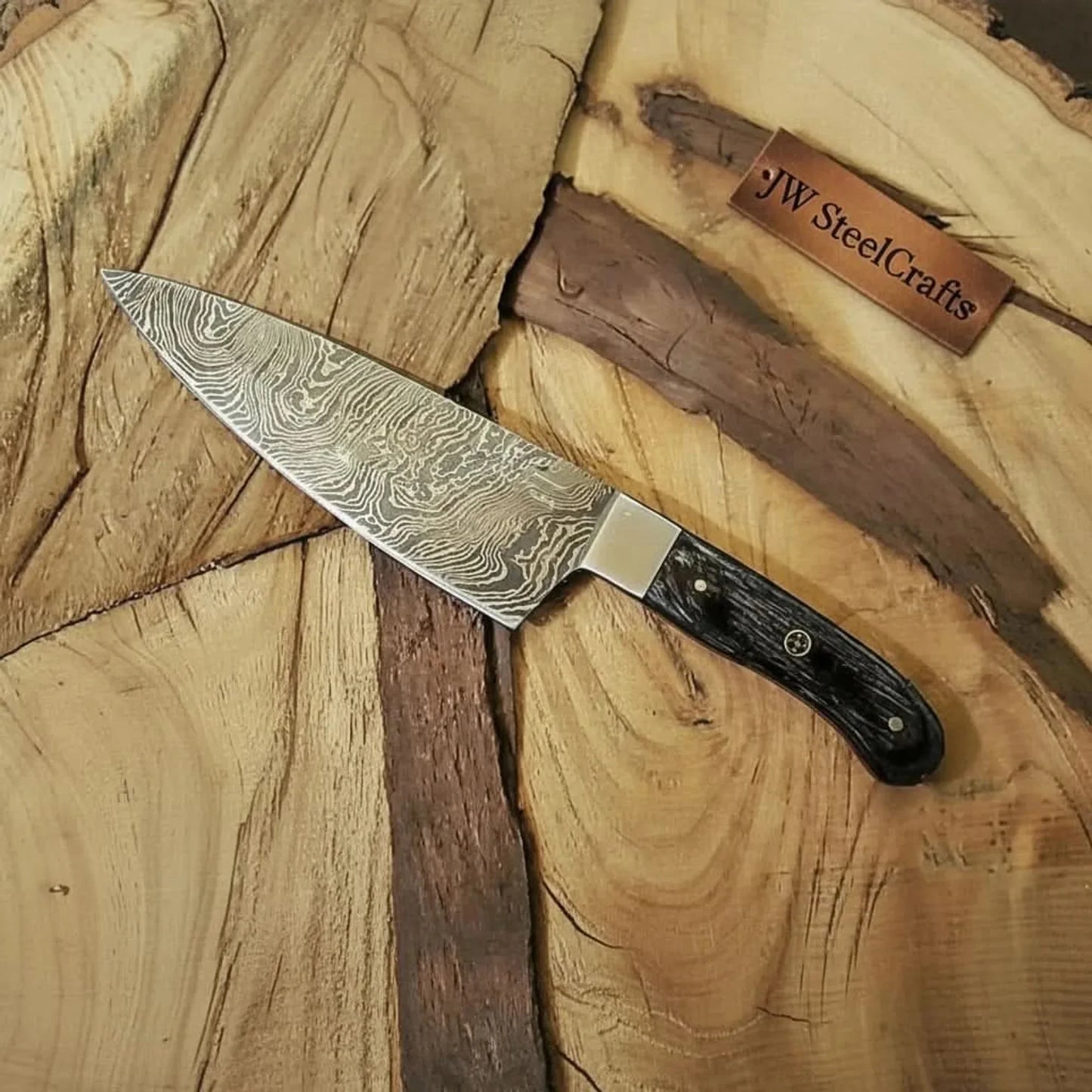 7" Gyuto Chef Knife — Twisted Pattern Damascus Steel with Black Pakka Wood Handle | JW SteelCrafts