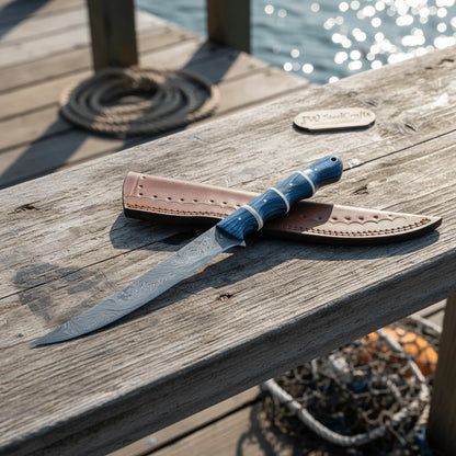 Handcrafted Damascus Steel Fish Fillet Knife with Blue Pakka Wood Handle and Leather Sheath