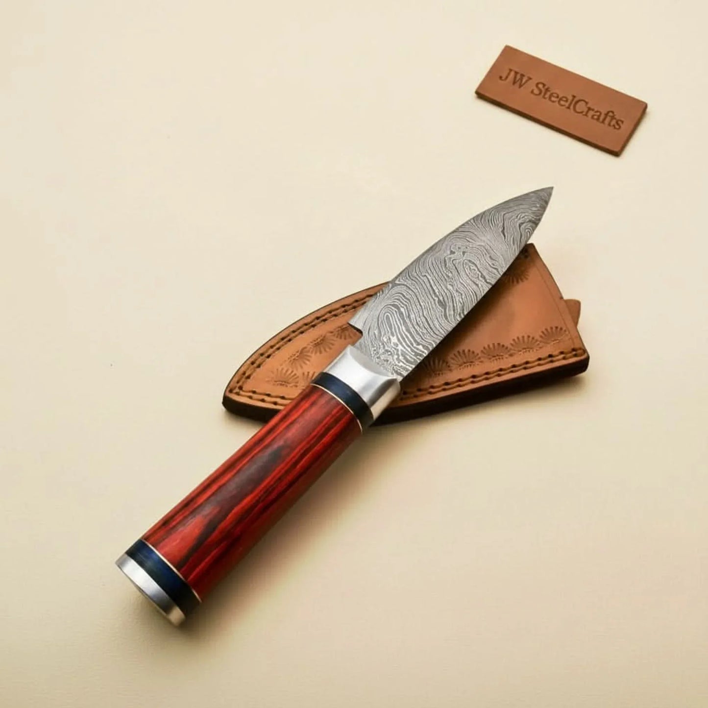 Handmade Damascus Petty Knife – 4-Inch Blade | Red Pakkawood Handle & Steel Bolster | 8" Overall