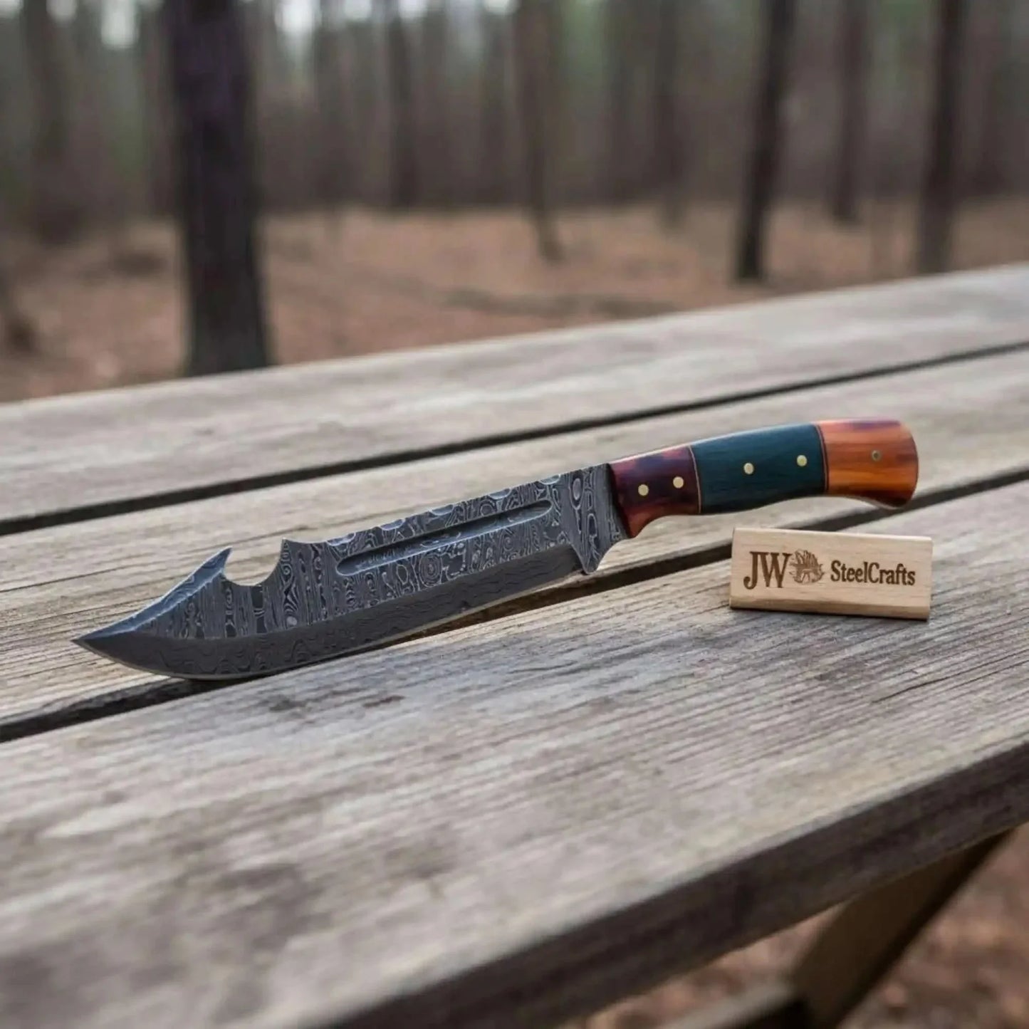 Handcrafted Damascus Harpoon Point Bowie Knife with Colored Bone Handle