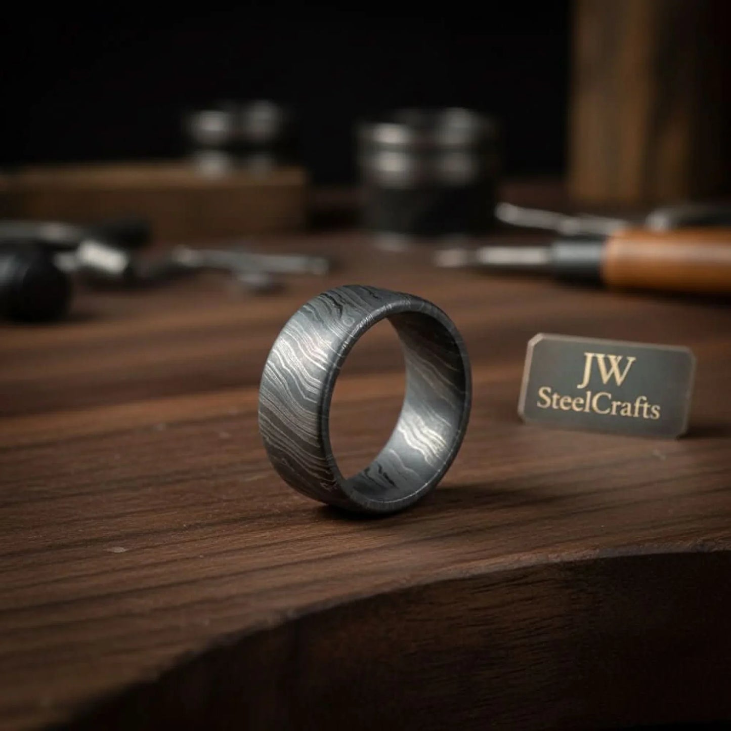 Mens Damascus Steel Wedding Band Smooth Domed Handmade Ring