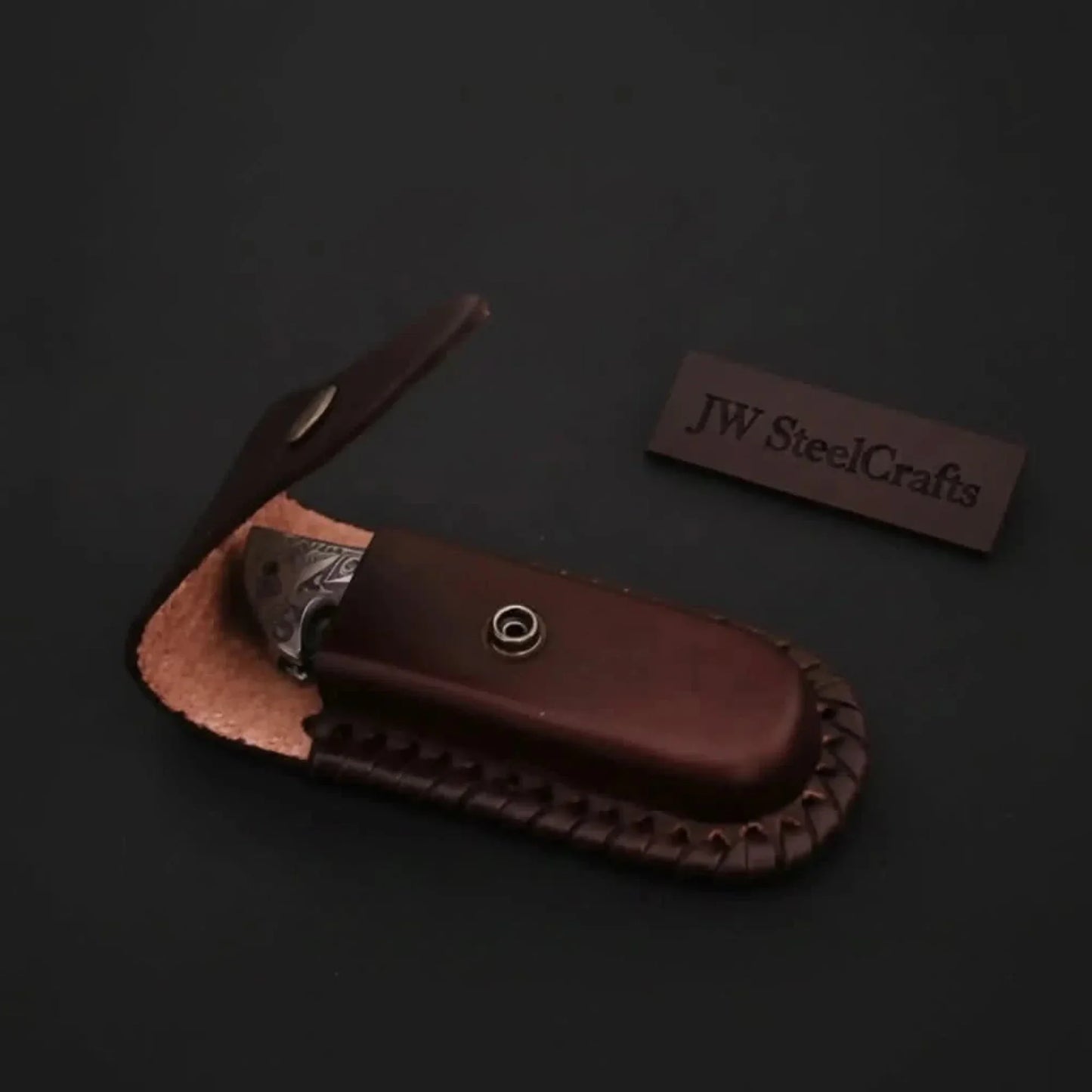 Handmade Damascus Folding Knife with Bone Handle – Compact EDC Pocket Knife with Leather Sheath