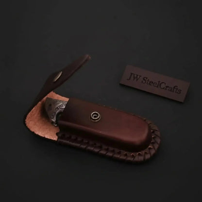 Handmade Damascus Folding Knife with Bone Handle – Compact EDC Pocket Knife with Leather Sheath