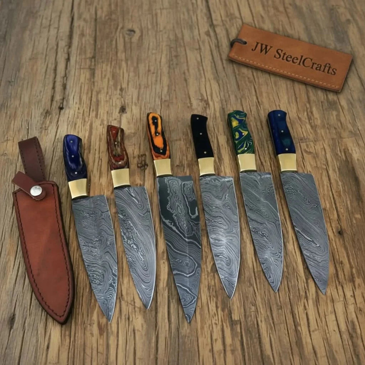 6-Piece Handmade Damascus Kitchen Knife Set – Mixed Resin Handles & Brass Bolsters | 13-Inch Blades | Leather Sheaths & Engraving Available