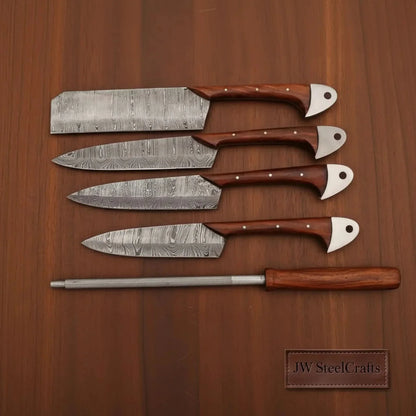 Hand-Forged Damascus Chef Knife Set with Leather Roll & Sharpening Rod - Rosewood Handle Collection
