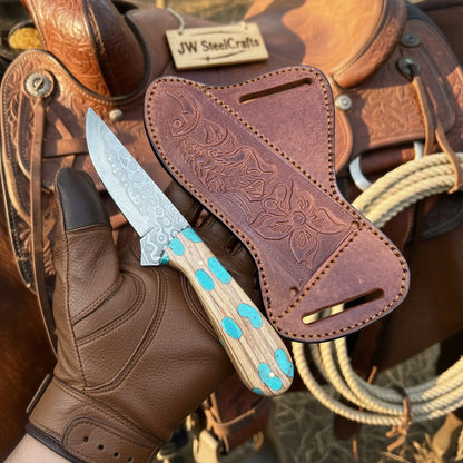 Turquoise Trail Bowie Knife 10" Handmade Damascus Turquoise Inlay - JW Steelcrafts