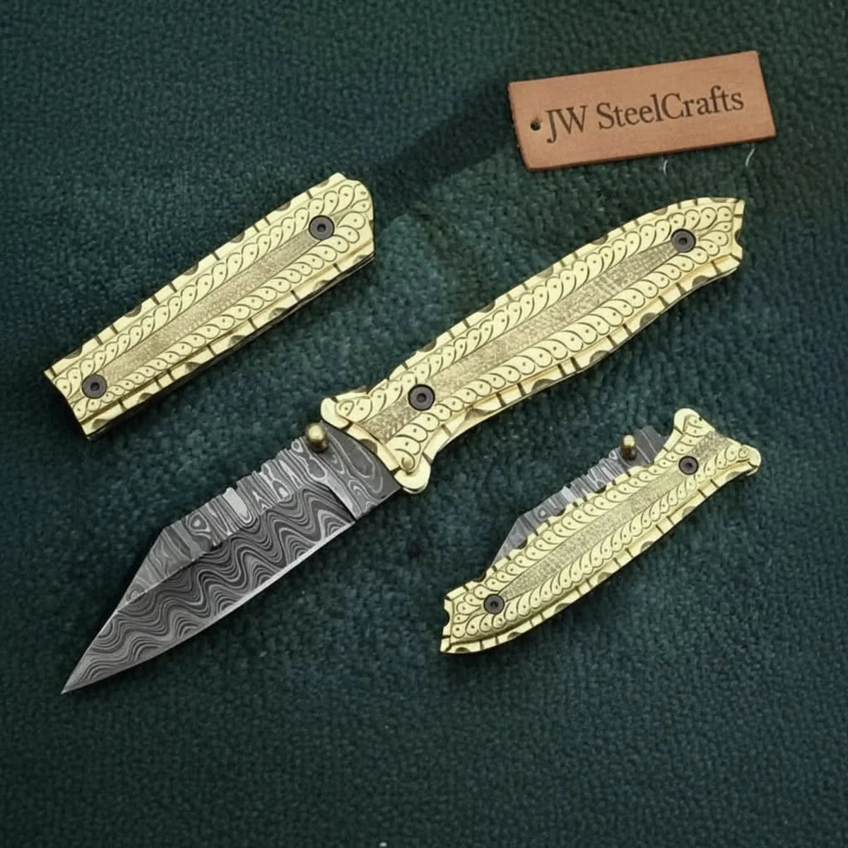 Hand-Engraved Damascus Folding Knife with Brass Handle & Leather Sheath