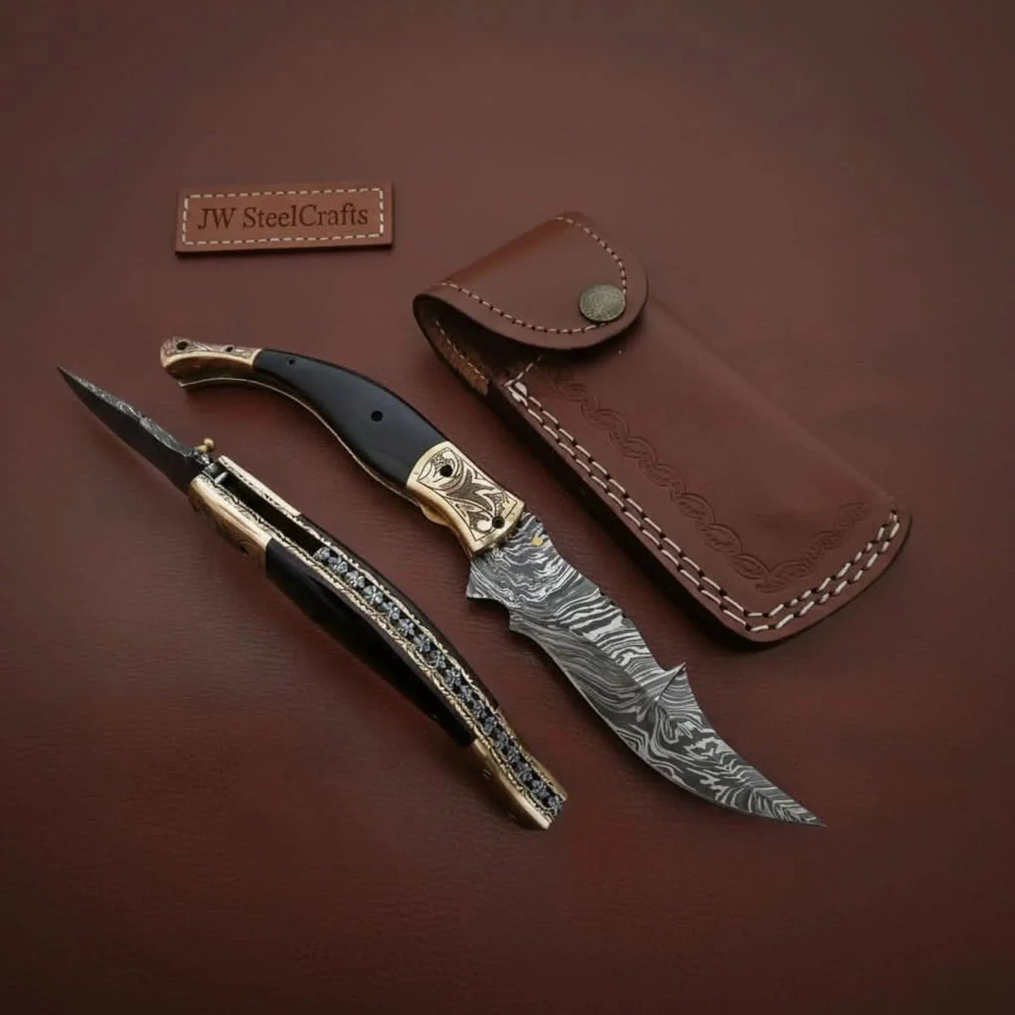 Handmade Damascus Steel Folding Knife with Teal Handle, Engraved Bolster & Leather Sheath