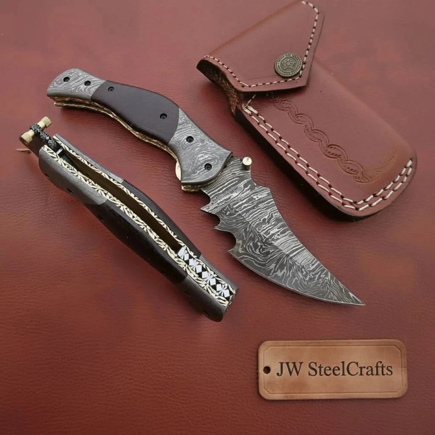 Handmade Damascus Folding Knife with Dark Wood Handle & Spine Jimping – Custom EDC Pocket Knife by JW SteelCrafts