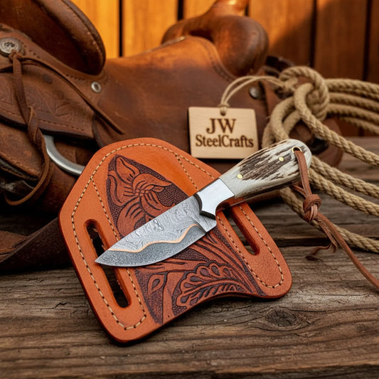 Handmade Copper Layer Damascus Cross Draw Knife Stag Horn Handle
