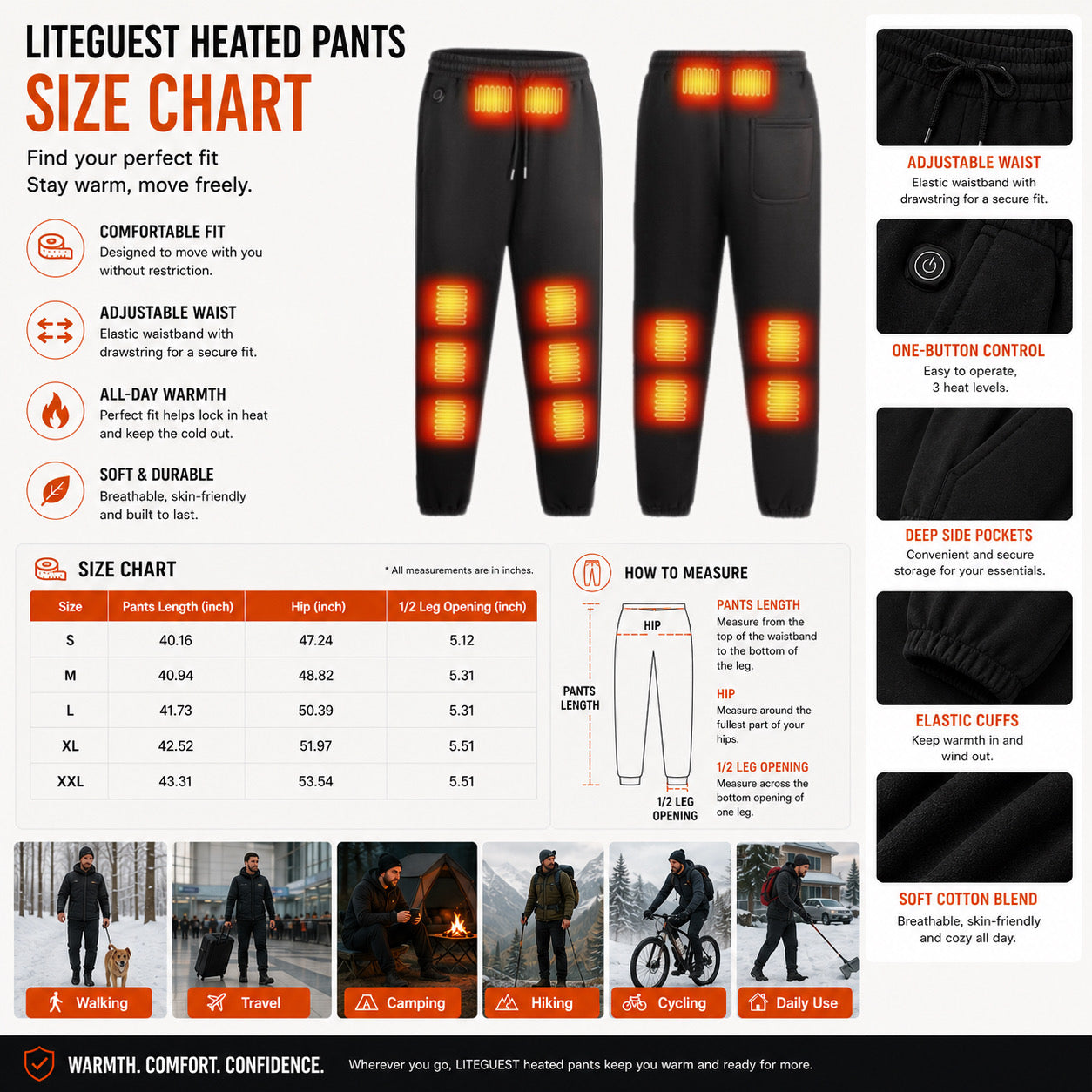 LITEGUEST 14-Zone Heated Pants for Daily Travel & Outdoor Comfort