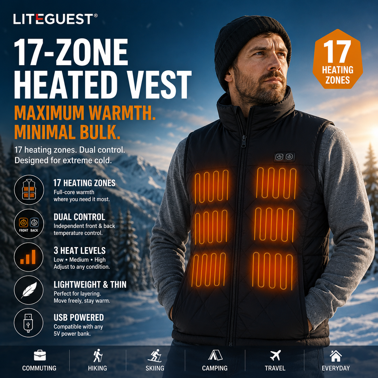 LITEGUEST 17-Zone Dual-Control Heated Vest for Daily Winter Warmth