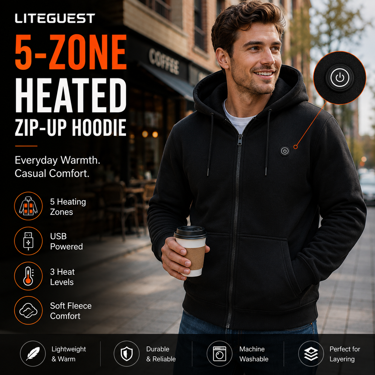 LITEGUEST 5-Zone USB Heated Hoodie Heated Zip-up Hooded Sweatshirt