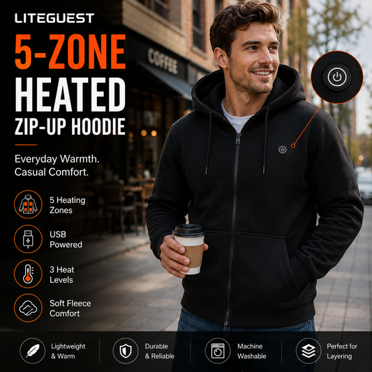 LITEGUEST 5-Zone USB Heated Hoodie Heated Zip-up Hooded Sweatshirt
