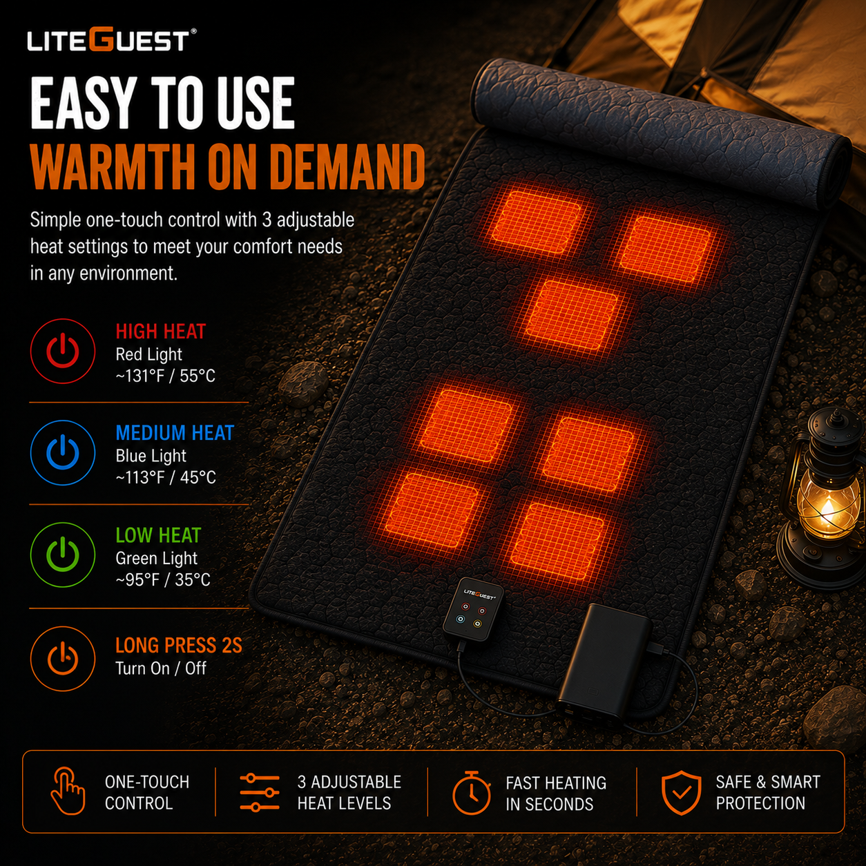 LITEGUEST 7-Zone USB Heated Sleeping Mat for Cold Ground Comfort
