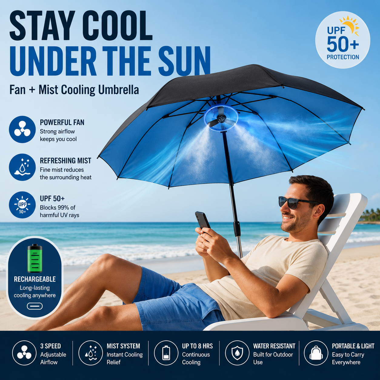 LITEGUEST Cooling Fan Umbrella | Mist Spray & UPF50+ Protection