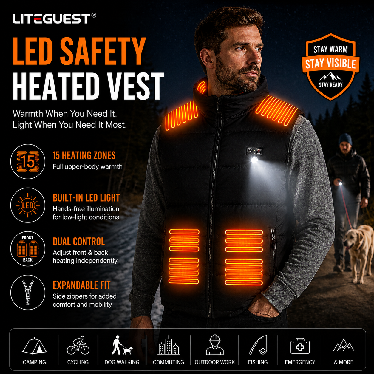 LITEGUEST 14-Zone Heated Vest with LED Light Warming Vest for Winter