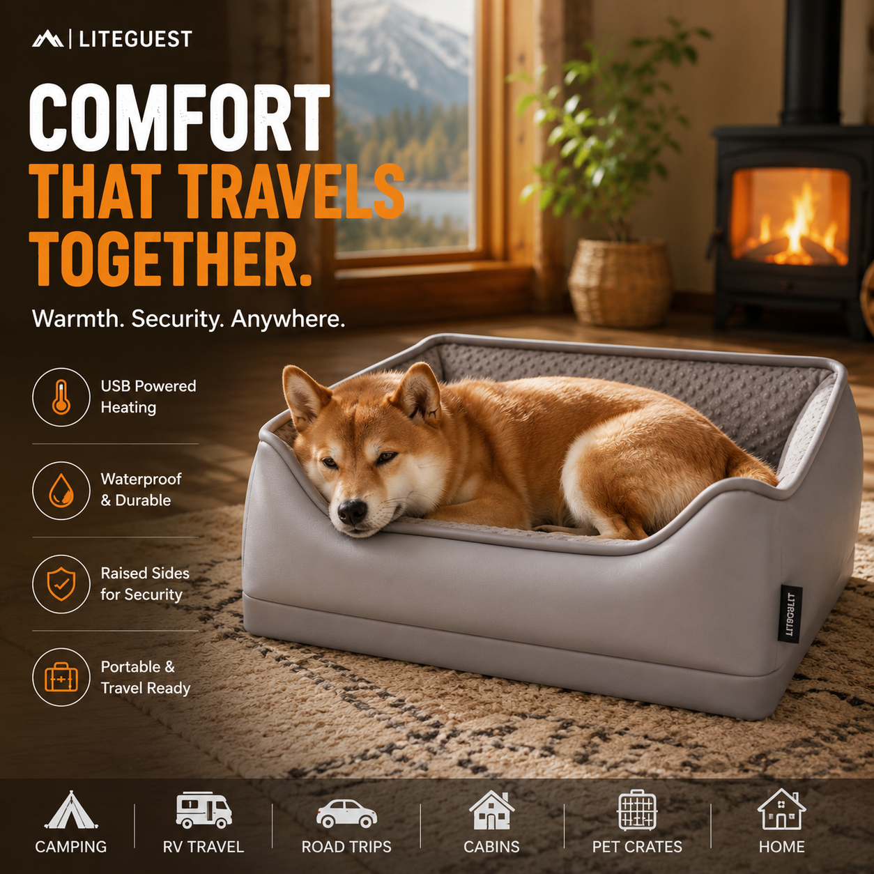 LITEGUEST Portable Heated Pet Bed | Waterproof USB Pet Bed