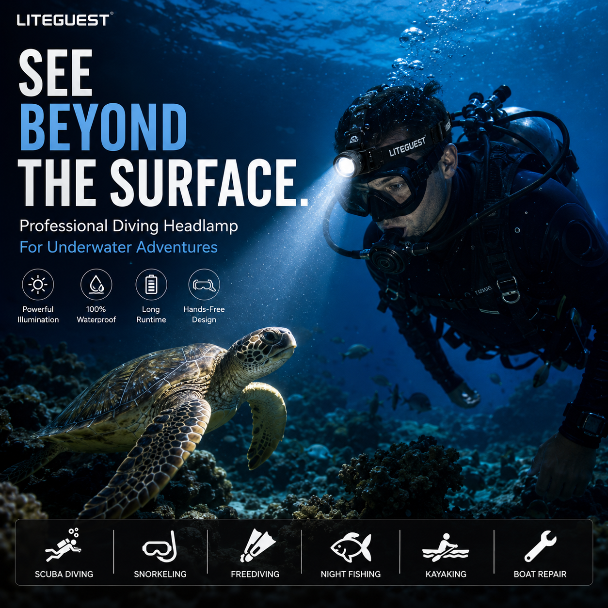 LITEGUEST Pro Submersible Diving Headlamp – IPX8 Waterproof Head Light