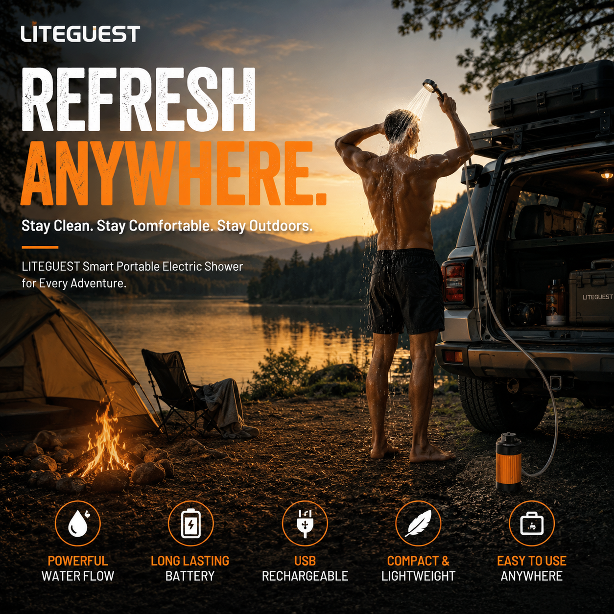 LITEGUEST Smart Portable Electric Shower | 6000mAh Outdoor Camping