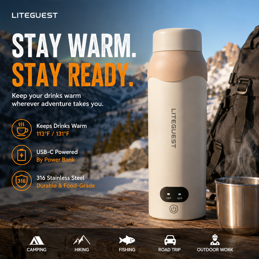 LITEGUEST Portable USB Heated Outdoor Mug 304 Stainless Steel Warm Cup
