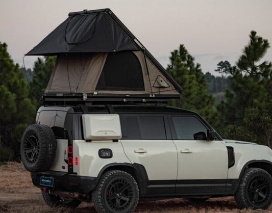 Roveroll Tri-Clam Shell Roof Top Tent | Taupe Body & Black Rainfly 53" | Versatile SUV Roof Tent