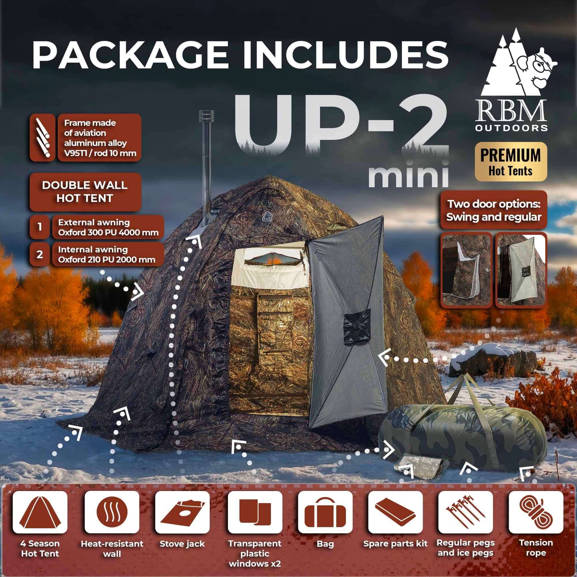 RBM All-Seasons tent UP-2 mini for 1-3 person + Wood Stove Caminus S + Three-Layer Floor