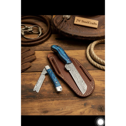 Pocket Forge Cleaver Knife 8.5" Premium Damascus with Blue Resin Handle
