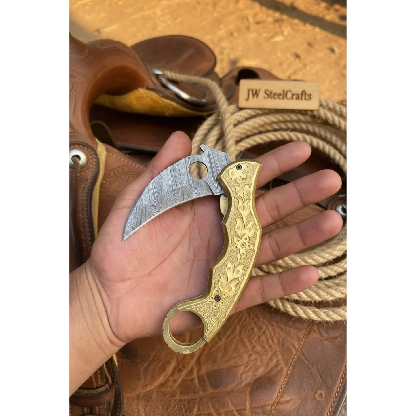 Goldtalon Ring Folder Knife 6" Handmade Brass Handle Finger Ring | JW Steelcrafts