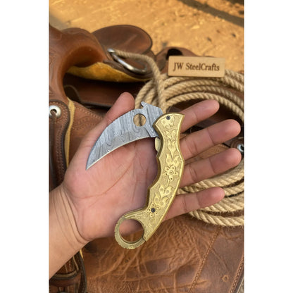 Goldtalon Ring Folder Knife 6" Handmade Brass Handle Finger Ring | JW Steelcrafts
