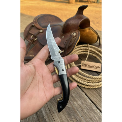Blackhawk Skinner Folder Knife 8" Handmade Damascus Buffalo Horn Handle