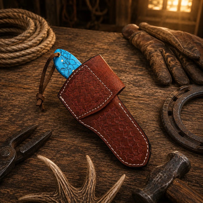 Handmade Turquoise Cowboy Bull Cutter Knife – 1095 Damascus Steel with Side Pancake Leather Sheath