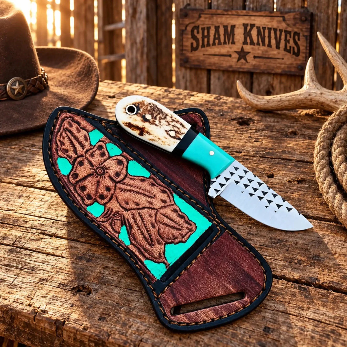 All-Season Mini Skinning Knife – Rasp Steel, Antler & Turquoise