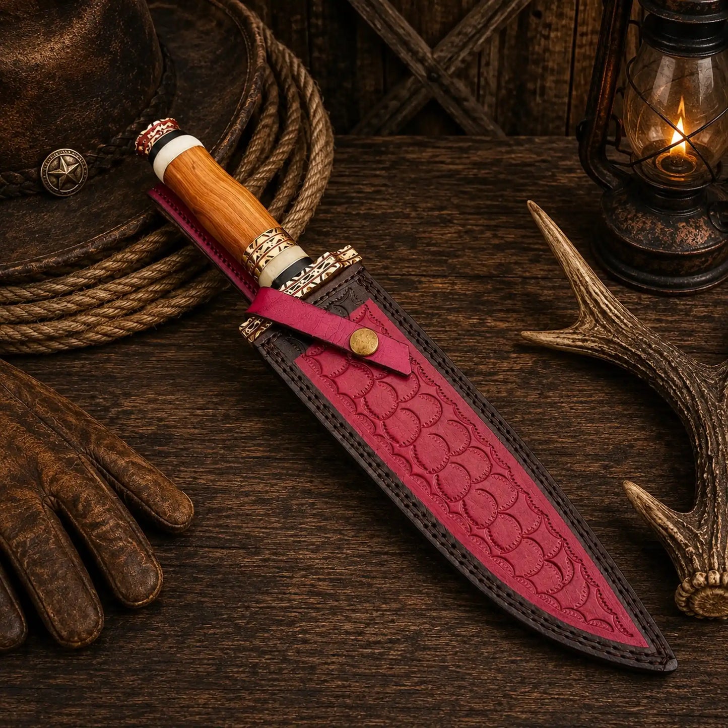 Brass Ridge Damascus Bowie Knife – Ash Wood Handle & Red Sheath