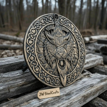 Handcrafted Viking Shield and Engraved Axe Set with Raven Motif and Norse Knotwork