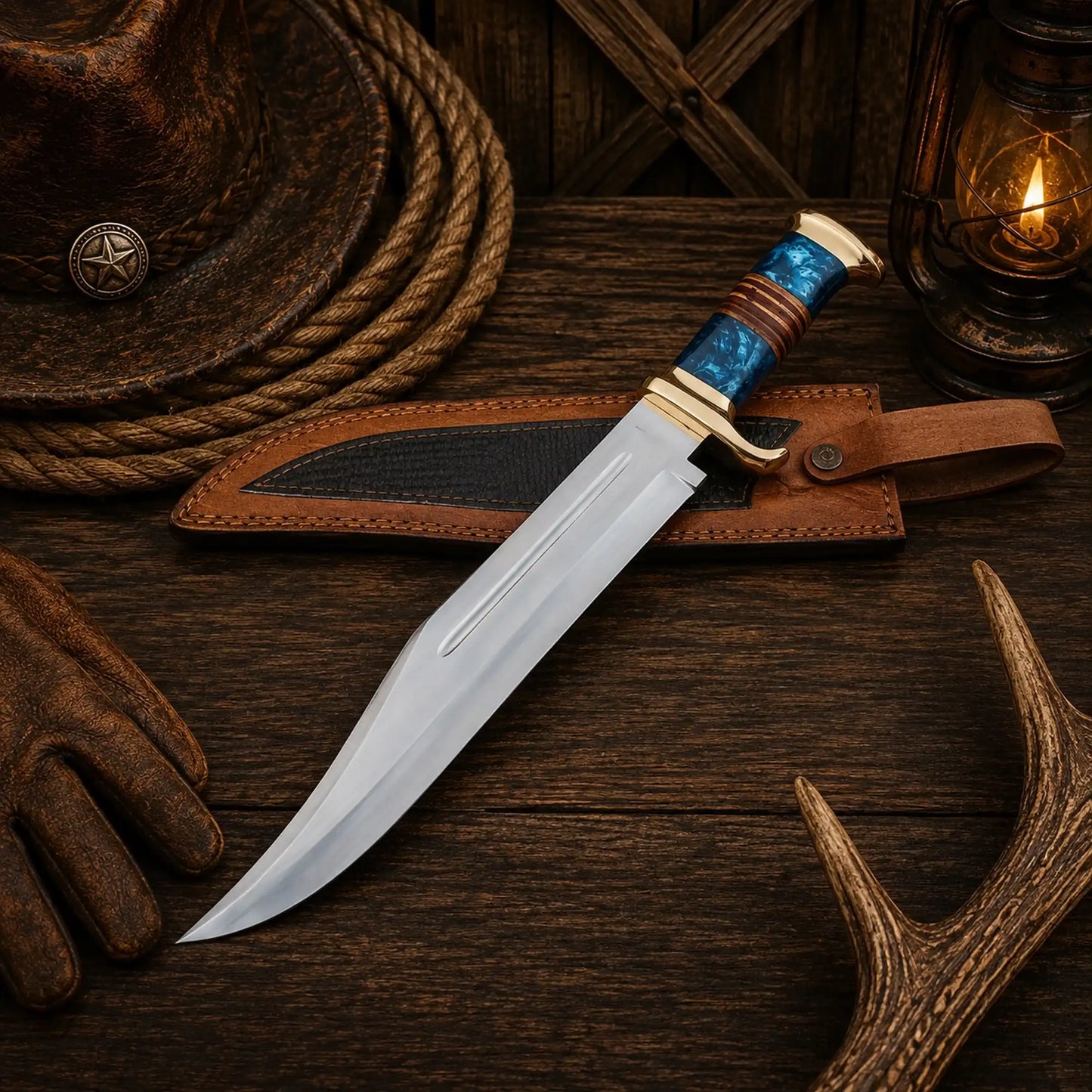 Australian Outback Bowie Knife – D2 Steel With Resin & Stacked Leather Handle