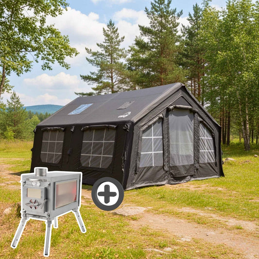 Coody 13.6 | RBM Outdoors (Koala 5) Black + Stove Caminus M - Inflatable Tents with Stove