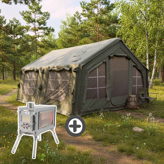 Coody 13.6 | RBM Outdoors (Koala 5) Forest Green + Stove Caminus M - Inflatable Tents with Stove