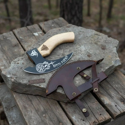 Viking Rune Engraved Bearded Axe Pizza Cutter — Carbon Steel Blade, Ash Wood Handle