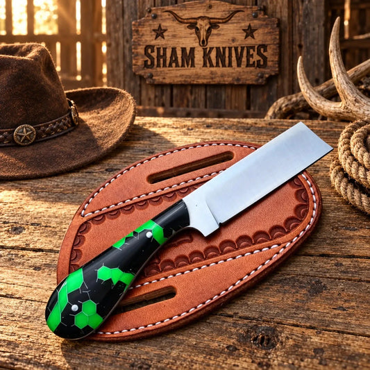 Black & Green Honeycomb Bull Cutter Knife – 4" D2 Steel & Pancake Sheath