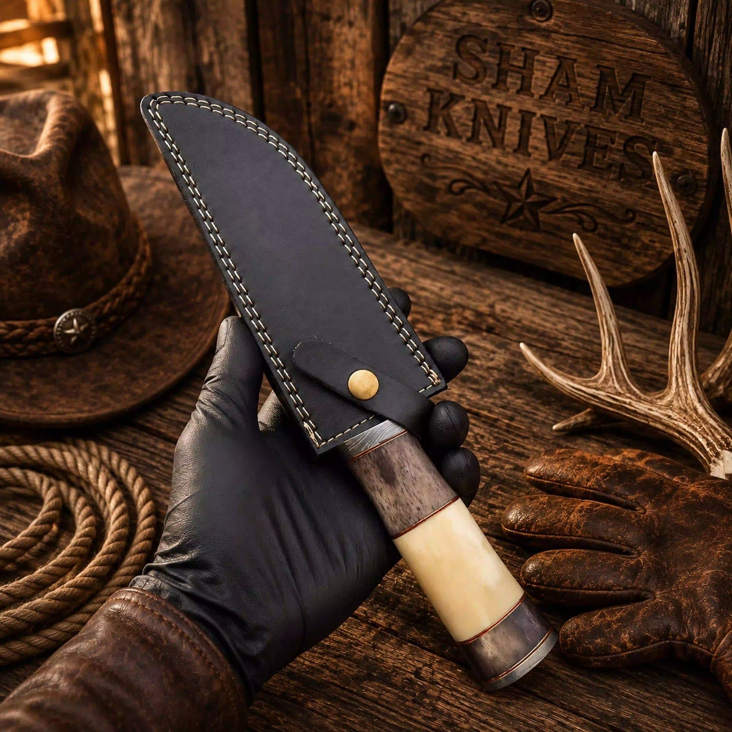 Trailing Point Black Widow Bowie – Damascus, Bone & Leather Sheath