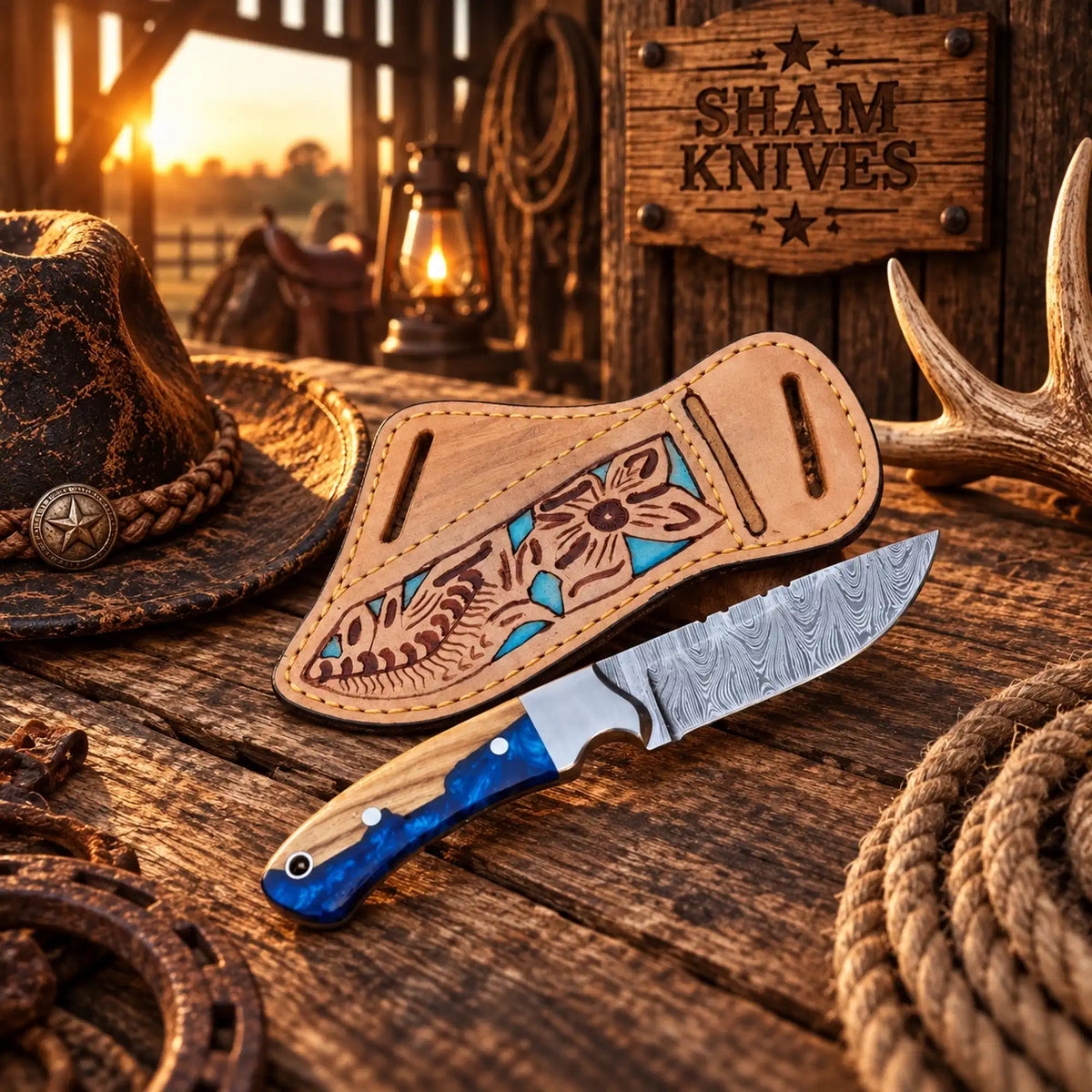 Blue Buckaroo Damascus Hunting & Skinning Knife with Belt Sheath