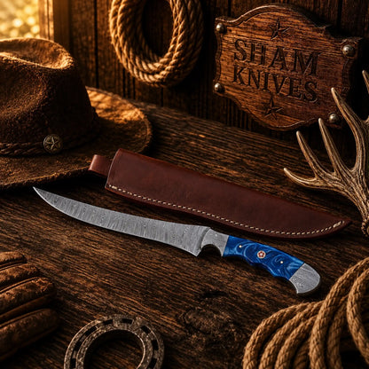 Blue Mesa Damascus Steel Fillet Knife – Resin Handle & Leather Sheath