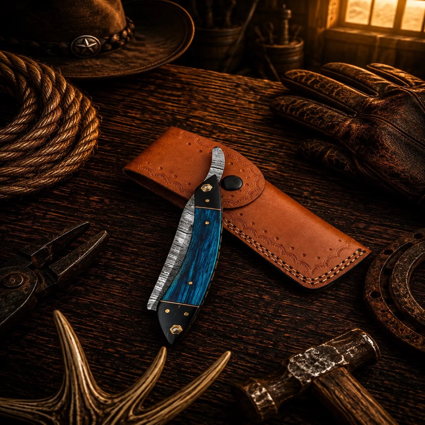 The Classic Cattleman Straight Razor – Handmade Damascus Steel Folding Razor