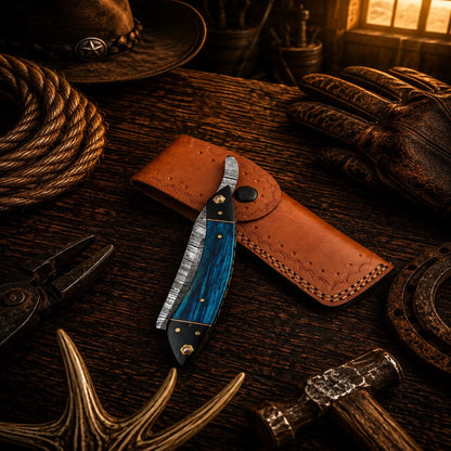 The Classic Cattleman Straight Razor – Handmade Damascus Steel Folding Razor